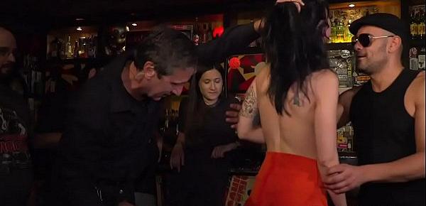 Slave in red dress fucked in bar